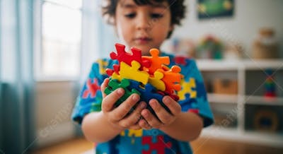 Criança Segurando Peças de Quebra Cabeça Simbolo de Autismo Fundo Desfocado