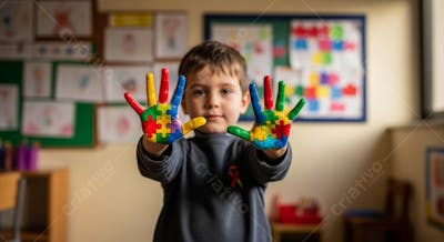 Criança com as Mão Pintadas Com Símbolo do Autismo