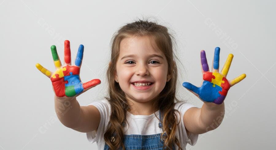 Menina feliz com mãos pintadas em quebra-cabeça