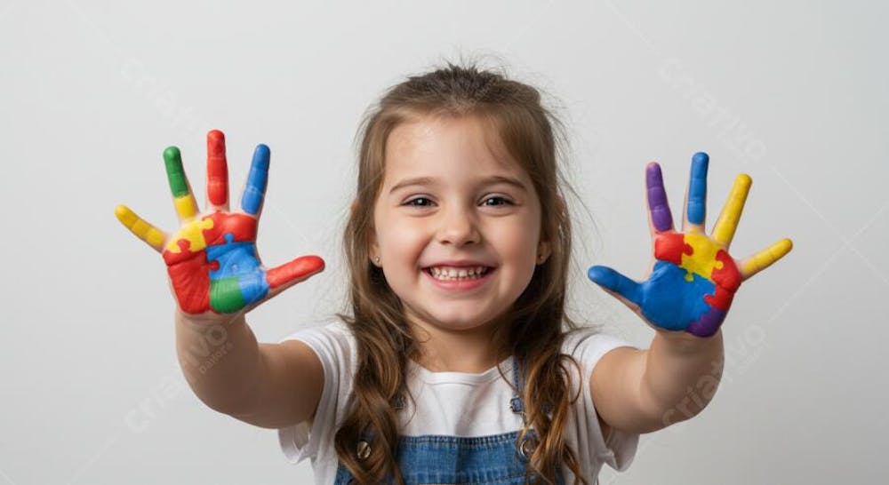 Criança com as Mão Pintadas Com Símbolo do Autismo Menina
