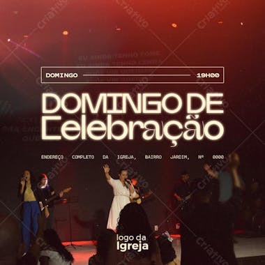 Red and beige minimalist flyer design perfect for promoting church services and religious events. Features a live band on stage with an audience. Target audience: churches and religious communities.