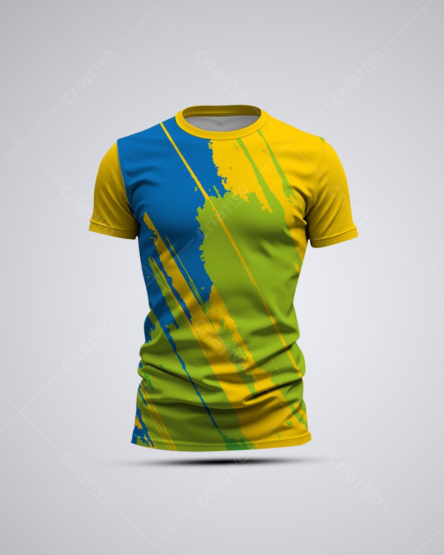 Camiseta Abstrata Amarelo, Verde e Azul PSD Editável