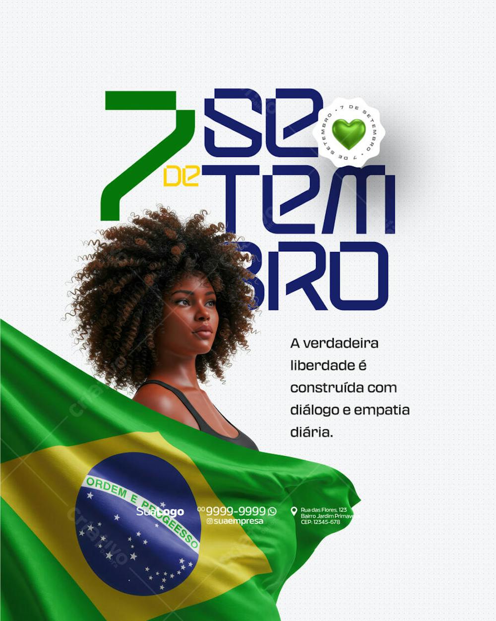Flyer para o dia 7 de Setembro com design moderno e cores vibrantes. Apresenta uma mulher negra com cabelo afro segurando a bandeira do Brasil. Ideal para empresas que desejam celebrar a data com patriotismo e inclusão.