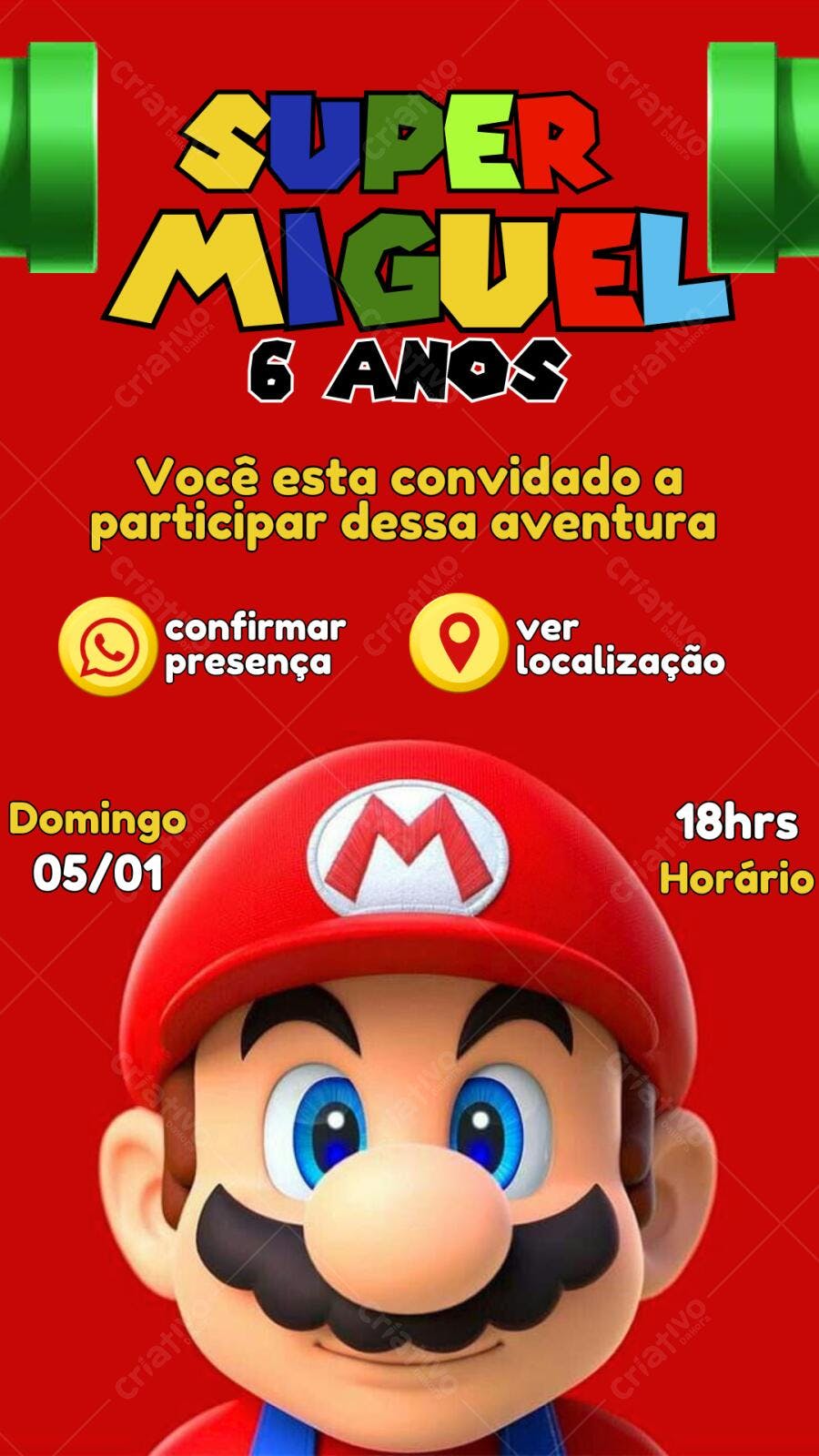 Convite de Aniversário Super Mario Miguel 6 anos Editável no Canva