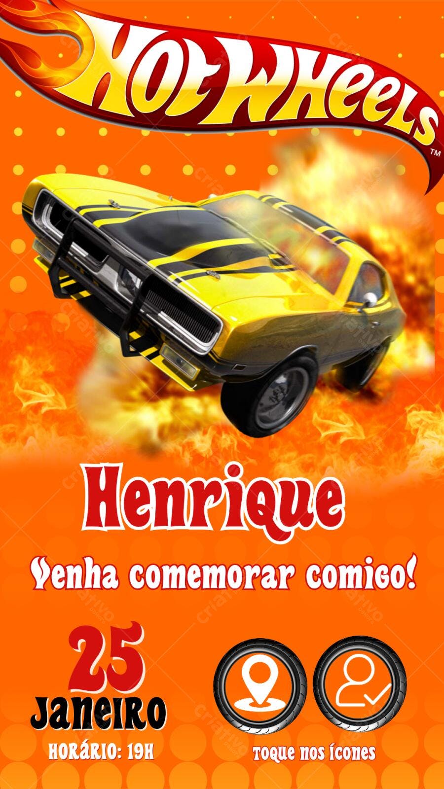 Convite de Aniversário Hot Wheels Aventura Laranja e Amarelo Editável no Canva