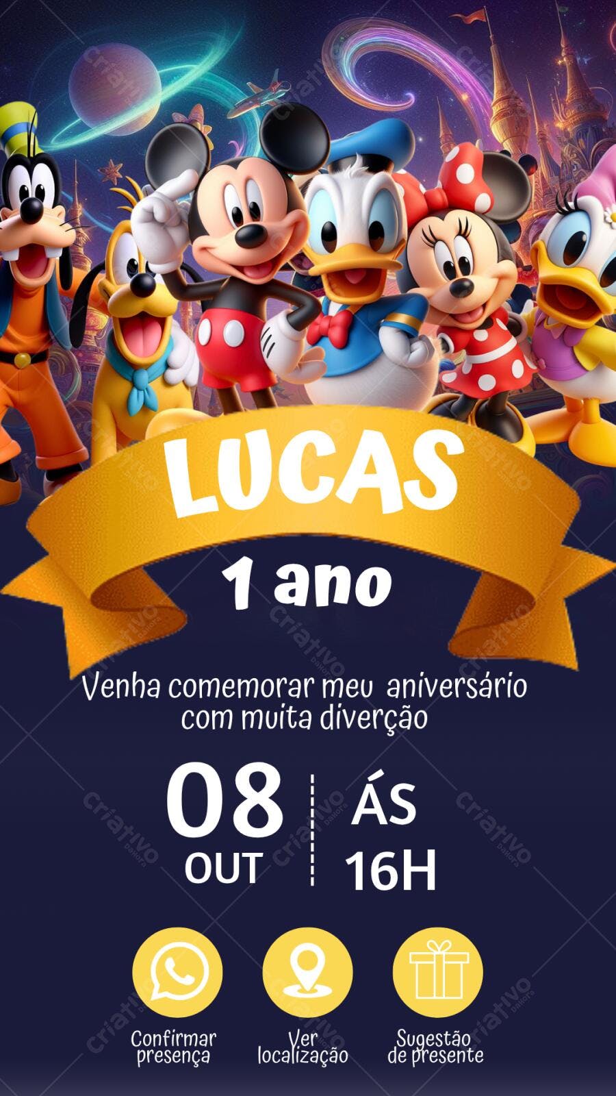 Convite de aniversário infantil Disney personagens 1º aninho Editável no Canva