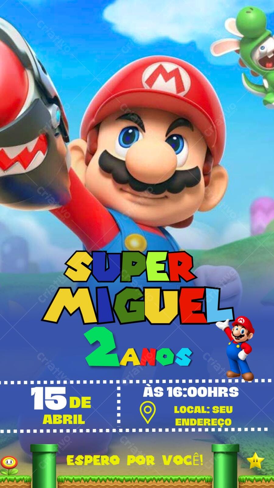 Convite de Aniversário Infantil Super Mario 2 Anos Editável no Canva