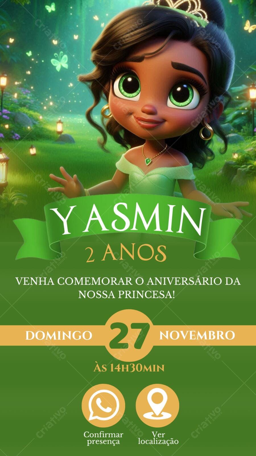 Convite de Aniversário Infantil Princesa Yasmin Verde e Dourado Editável no Canva