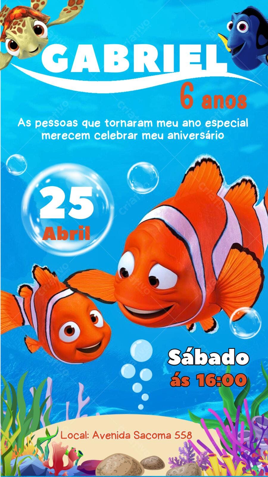Convite de Aniversário Infantil Procurando Nemo Editável no Canva