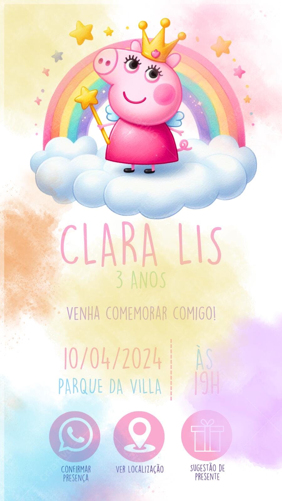 Convite de Aniversário Infantil Peppa Pig Princesa Editável no Canva