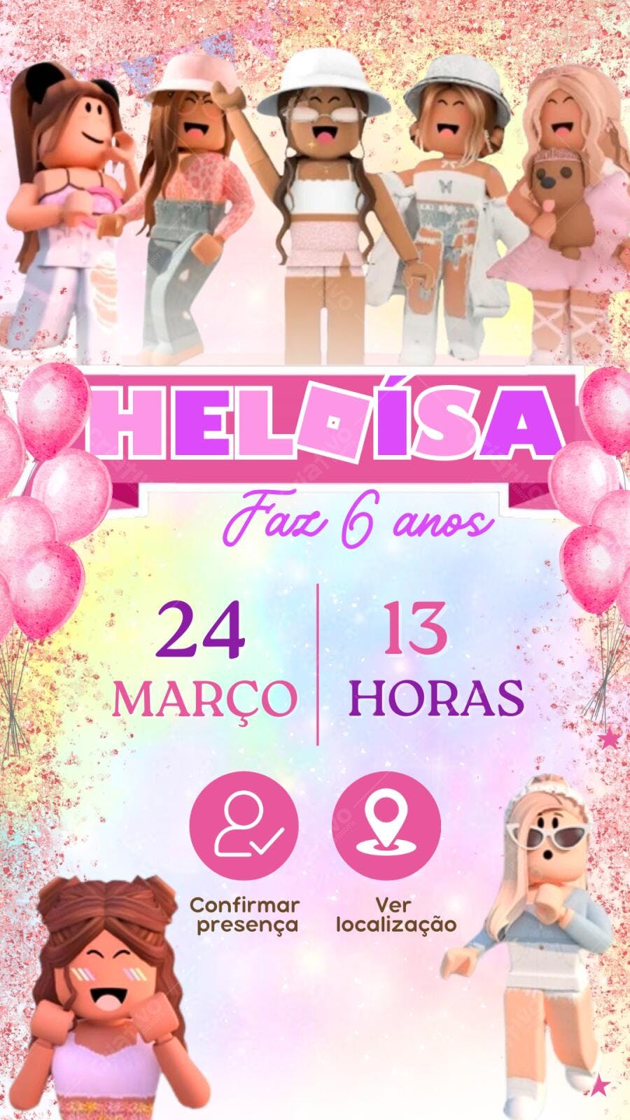 Convite de Aniversário Roblox Festa Pink Editável no Canva