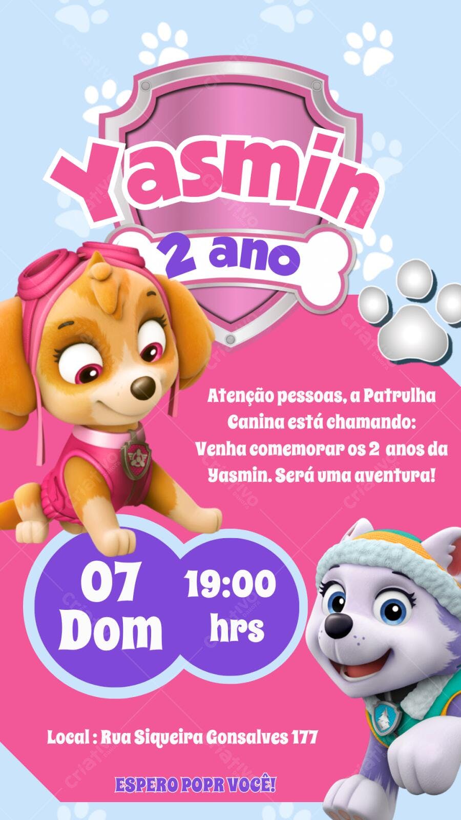Convite de Aniversário Patrulha Canina Skye e Everest Editável no Canva