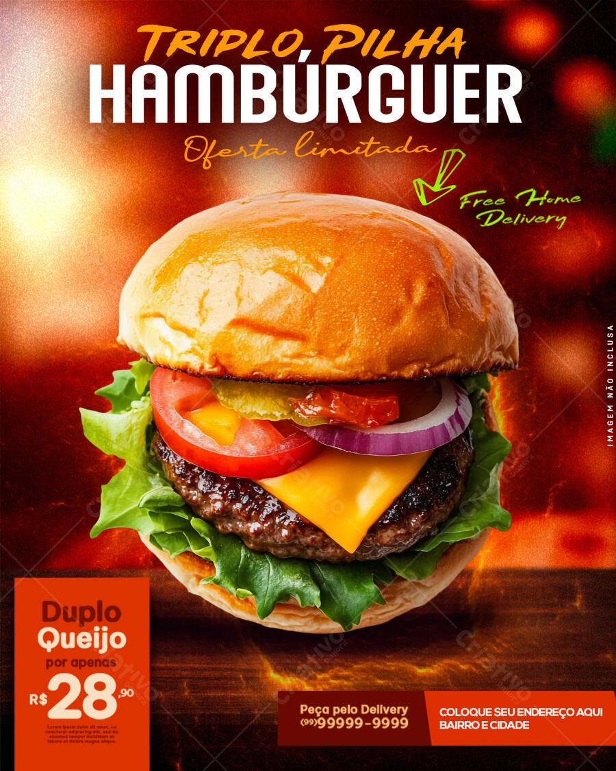 Flyer para Lançamento de Hambúrguer Triplo PSD Editável