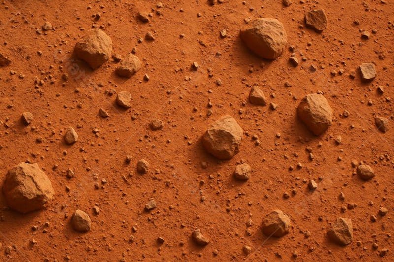 Realistic Martian soil texture with rocks and reddish sand seen from above
