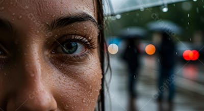 Mulher na chuva fundo desfocado