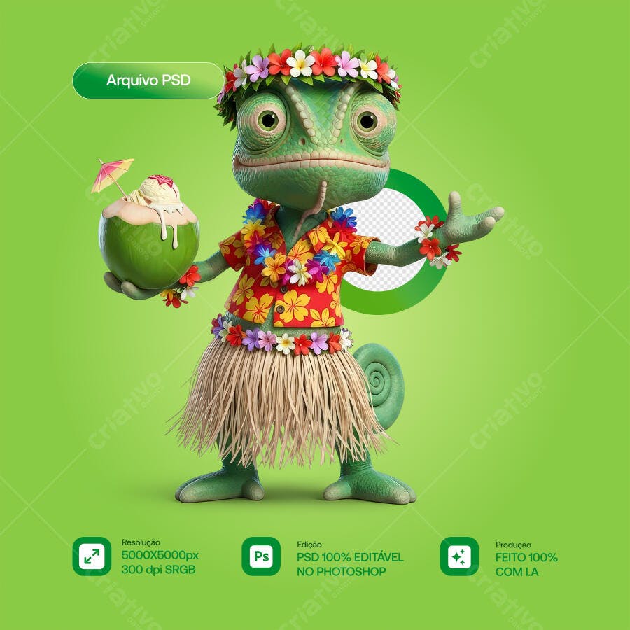 Mascote Camaleão Verão PSD Editável