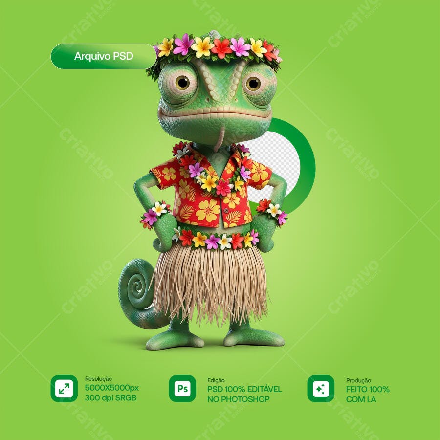 Mascote Camaleão Havaiano PSD Editável