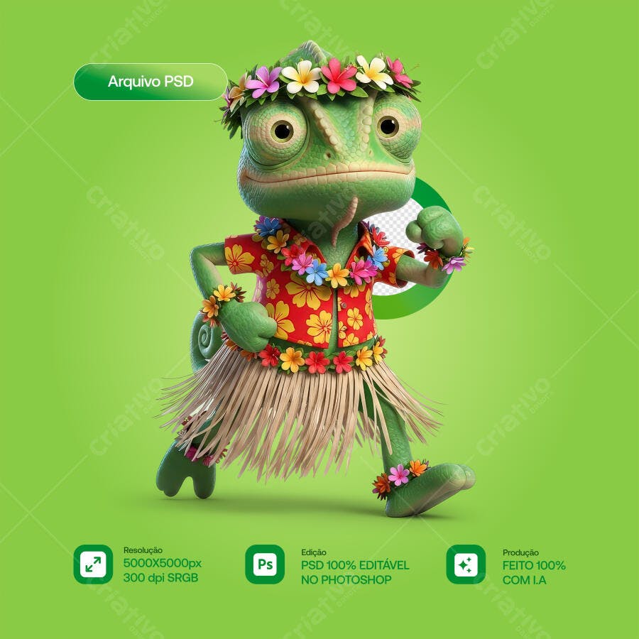 Mascote Camaleão Tropical PSD Editável