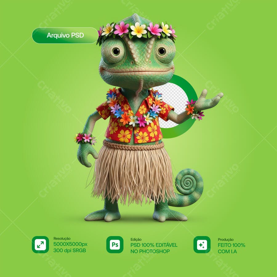 Personagem Camaleão Tropical PSD Editável
