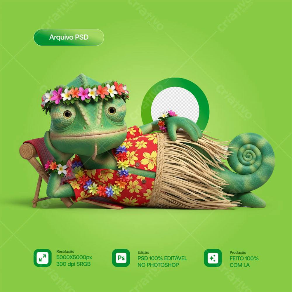 MASCOTE LAGARTO 3D DEITADO FELIZ