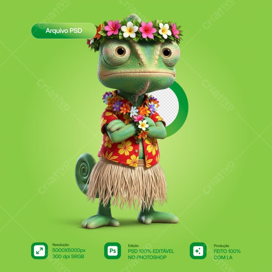 Personagem Camaleão Verão PSD Editável