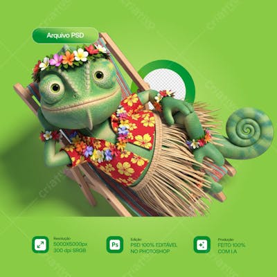 MASCOTE LAGARTO 3D DEITADO EM CADEIRA