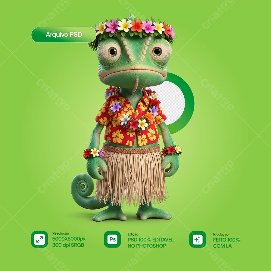 Mascote Camaleão Havaiano PSD Editável