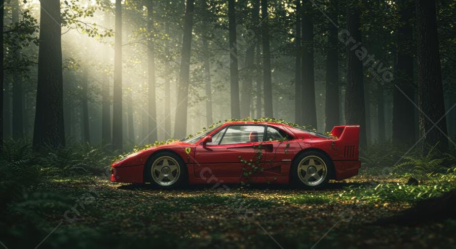 Ferrari F40 na Floresta Envolvida em Folhas