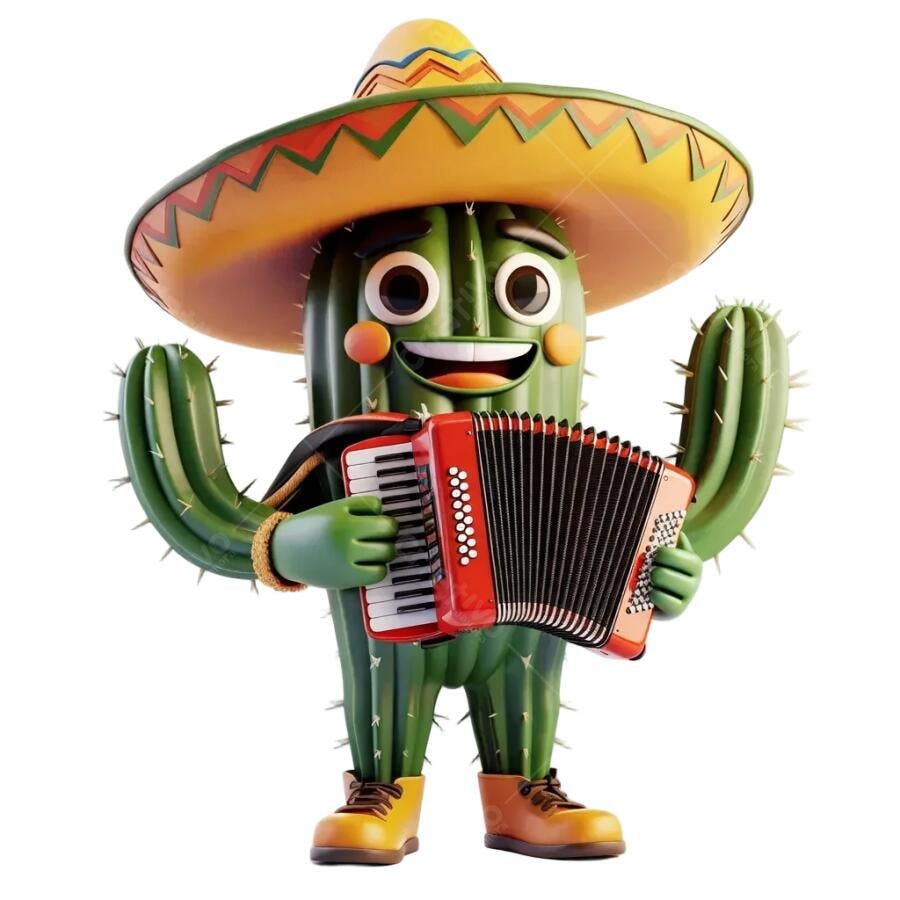 Mascote cacto tocando acordeão PNG com fundo transparente