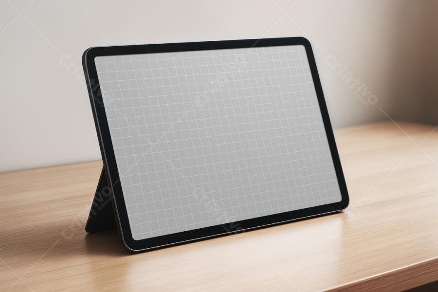 Mockup de Tablet Moderno em Mesa de Madeira Clara
