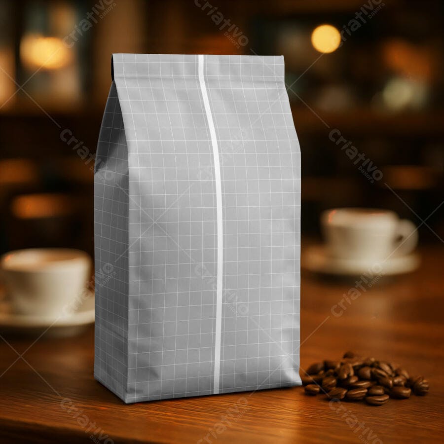 Mockup Realista de Embalagem para Café em Mesa de Madeira