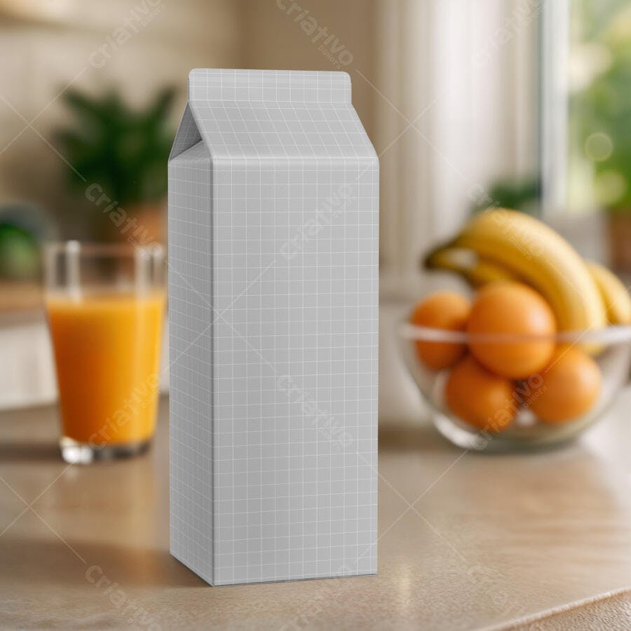 Mockup de Embalagem Tetra Pak para Suco em Cena Realista