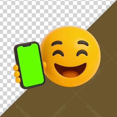 Emoji 3D sorrindo enquanto segura celular