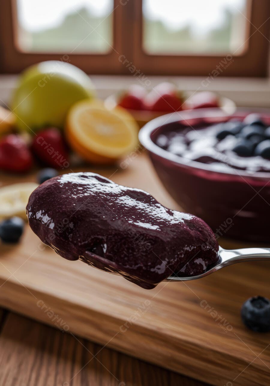Açaí cremoso em colher frutas frescas
