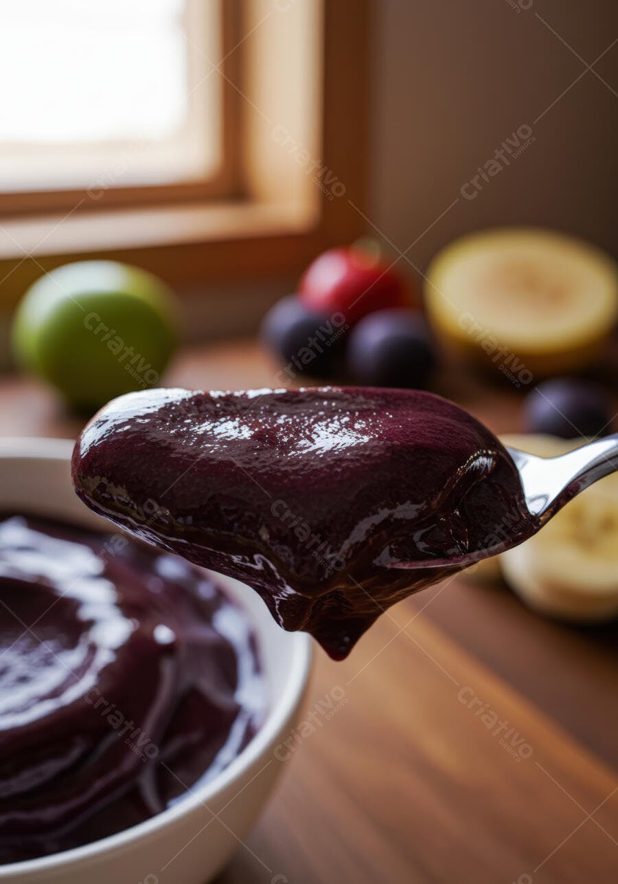 Açaí cremoso em colher sobre fundo de frutas