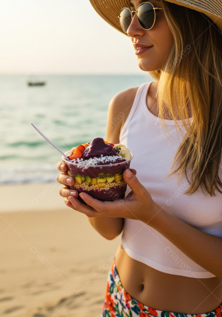 Mulher na praia com Açaí Bowl ao entardecer
