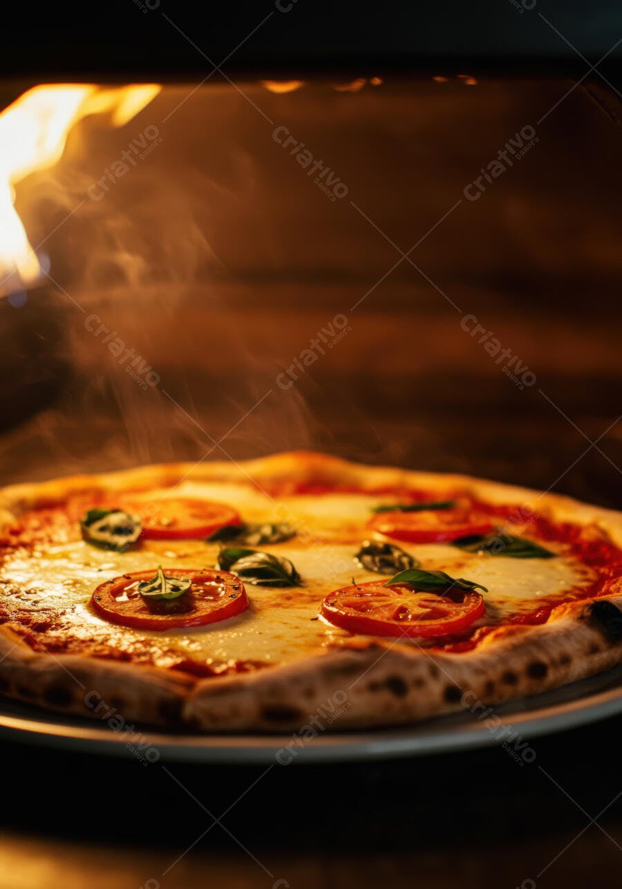 Pizza Margherita assando no forno a lenha