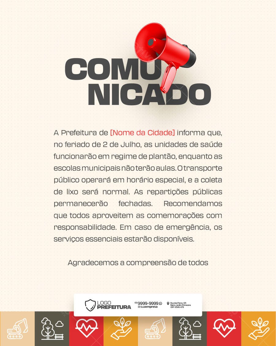 Comunicado Feriado 2 de Julho PSD Editável