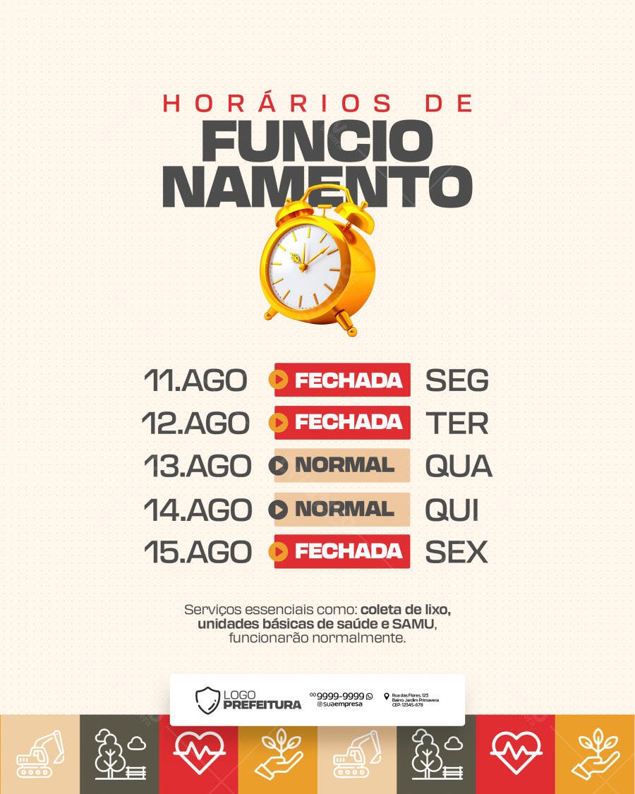 Flyer Horários de Funcionamento Prefeitura PSD Editável