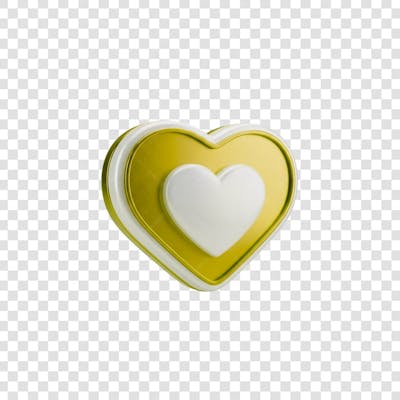 Coração Ícone Amarelo dourado e Branco Brilhante Elemento 3D Render PNG Transparente (3)