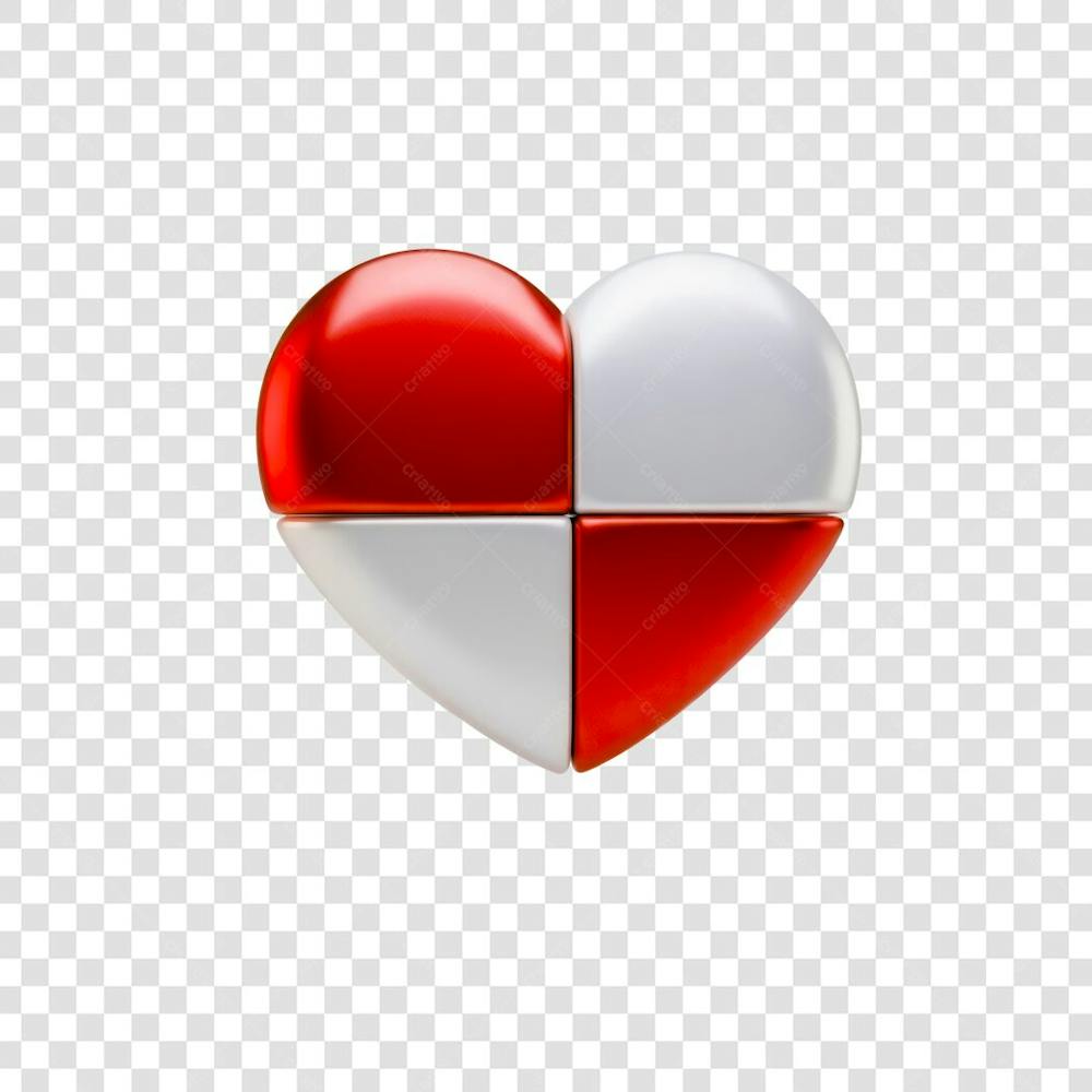 Coração Ícone Vermelho e Branco Brilhante Elemento 3D Render PNG Transparente (21)