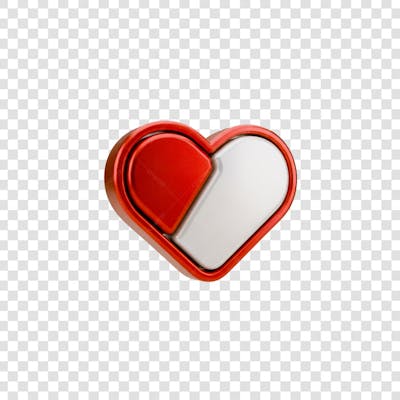 Coração Ícone Vermelho e Branco Brilhante Elemento 3D Render PNG Transparente (2)