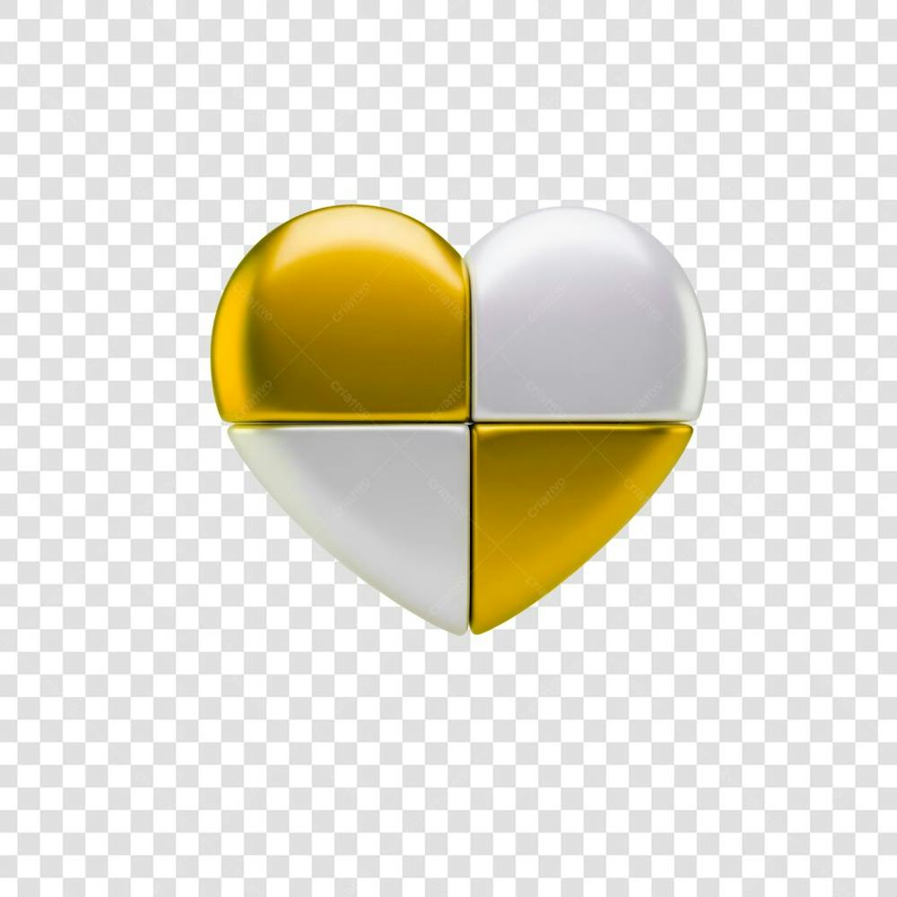 Coração Ícone Amarelo dourado e Branco Brilhante Elemento 3D Render PNG Transparente (24)