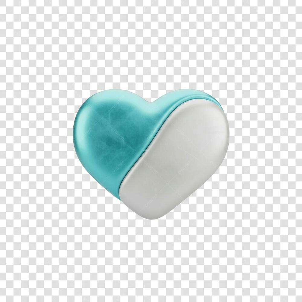 Imagem PNG de um ícone de coração dividido em duas partes, uma azul turquesa com textura metálica e outra prata, ambas com brilho. Fundo totalmente transparente, ideal para sobreposição em designs.