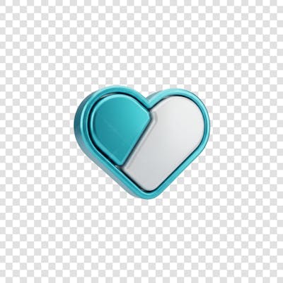 Coração Ícone Azul e Branco Brilhante Elemento 3D Render PNG Transparente (4)