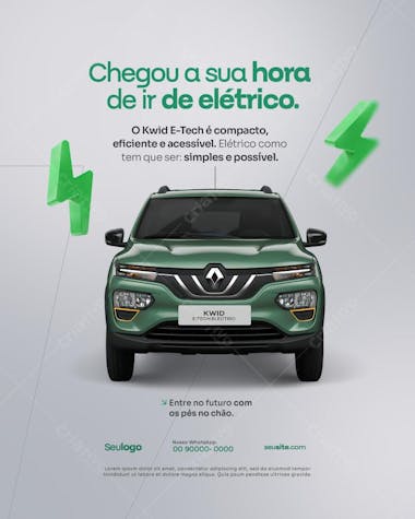 Flyer moderno e clean para divulgação de carro elétrico. Predominância de verde e branco, com imagem de um carro Renault Kwid E-Tech. Ideal para concessionárias e campanhas online.