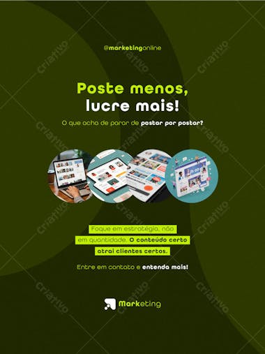 Editable PSD template featuring a modern, minimalist design in green and yellow tones. Perfect for digital marketers aiming to attract clients with high-quality content, not quantity. Images showcase a notebook, tablets, and smartphones with post examples.