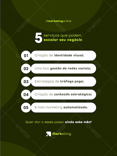 Minimalist and modern editable PSD template for an Instagram post about digital marketing. Olive green and white color scheme. Perfect for marketing agencies and professionals. Includes 5 tips to scale your business.