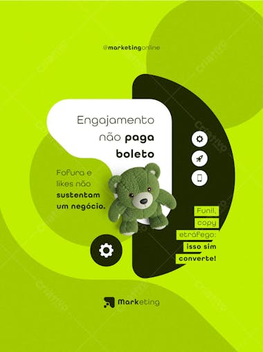 Editable PSD template for a vibrant social media post about digital marketing. Features a lime green and black color scheme, a plush teddy bear, and modern graphic elements. Perfect for businesses looking to attract customers and generate engagement.