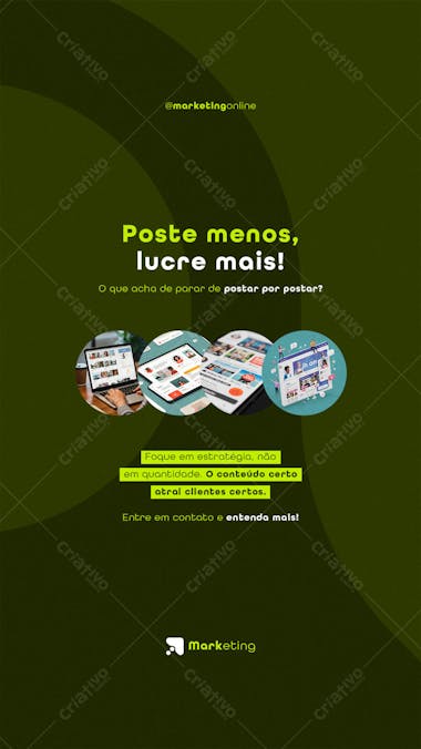 Dark green and lime yellow marketing flyer with a modern and minimalist design. Features images of a notebook and screens with examples of social media posts, perfect for digital marketers aiming to attract clients through focused content. Target audience: entrepreneurs and small to medium-sized businesses.